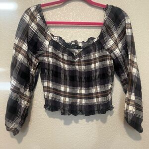 Love Tree Black and Brown Plaid Cropped Top